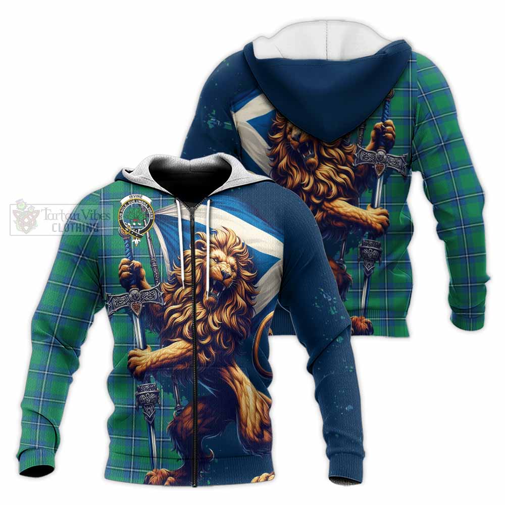 Tartan Vibes Clothing Irvine Tartan Family Crest Knitted Hoodie with Scottish Majestic Lion