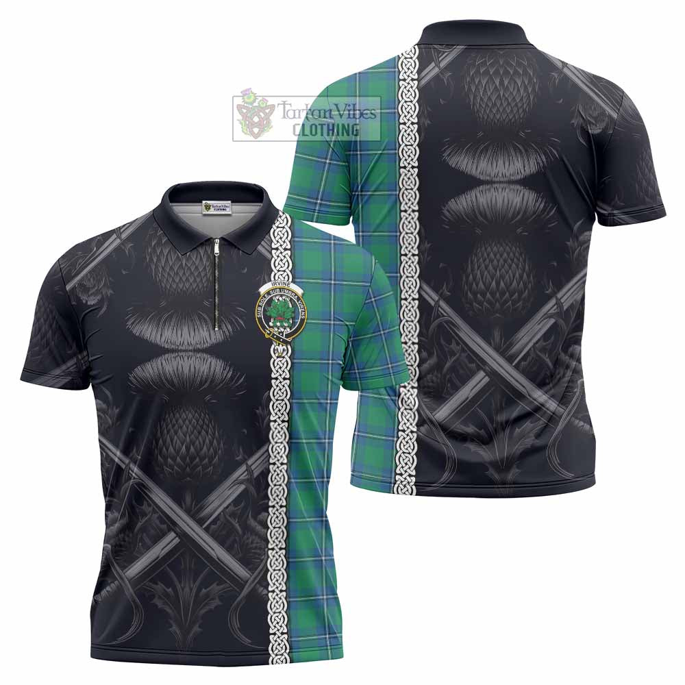 Tartan Vibes Clothing Irvine Tartan Zipper Polo Shirt with Family Crest Cross Sword Thistle Celtic Vibes