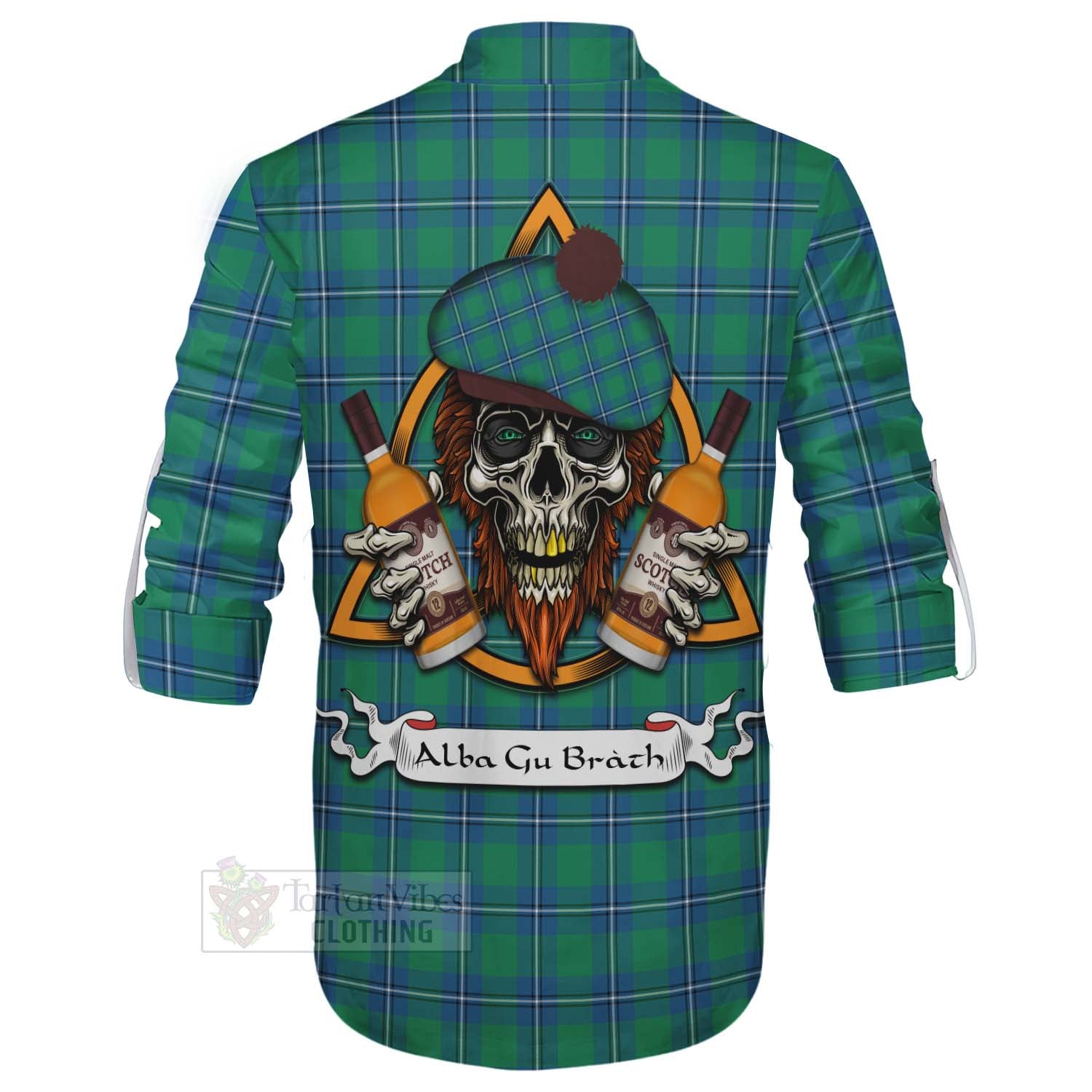 Tartan Vibes Clothing Irvine Tartan Ghillie Kilt Shirt with Family Crest and Bearded Skull Holding Bottles of Whiskey