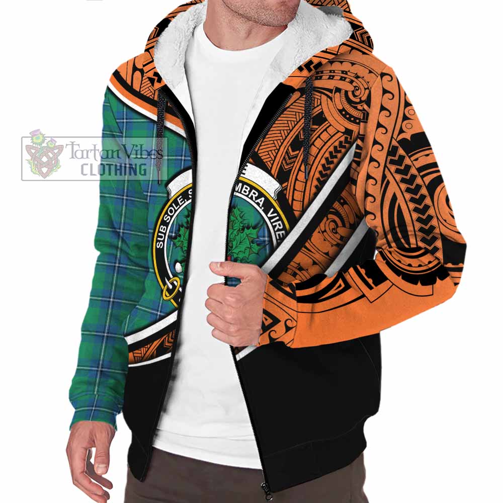 Tartan Vibes Clothing Irvine Crest Tartan Sherpa Hoodie with Maori Tattoo Style - Orange Version