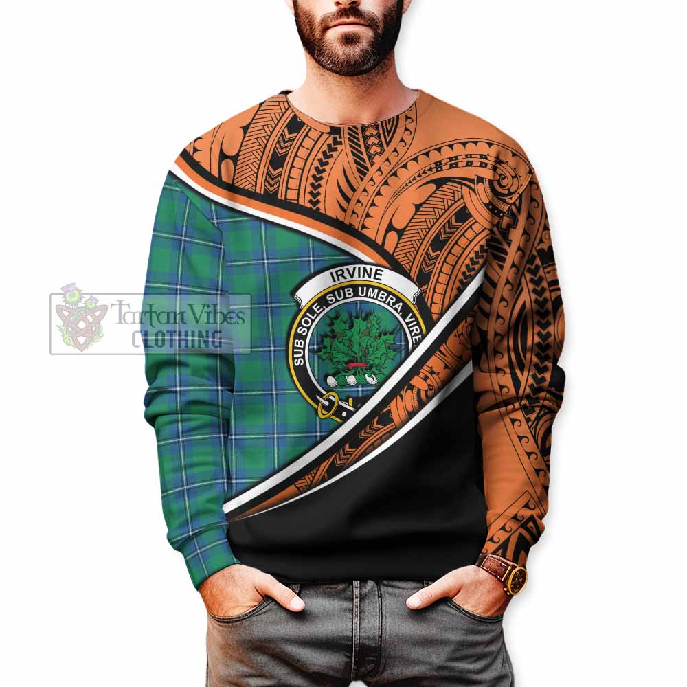 Tartan Vibes Clothing Irvine Crest Tartan Sweatshirt with Maori Tattoo Style - Orange Version