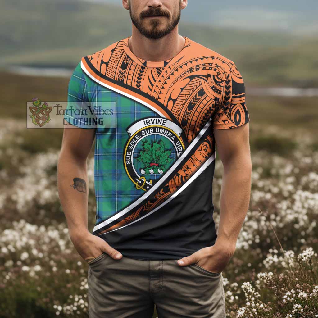 Tartan Vibes Clothing Irvine Crest Tartan T-Shirt with Maori Tattoo Style - Orange Version