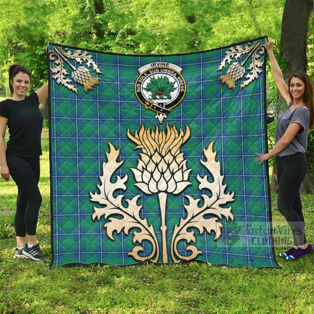 Tartan Vibes Clothing Irvine Tartan Quilt with Family Crest and Golden Thistle Style