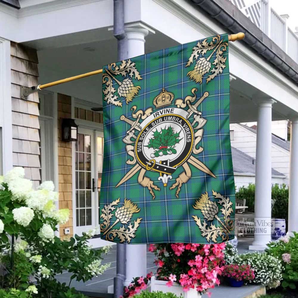 Tartan Vibes Clothing Irvine Tartan Flag with Family Crest and Golden Thistle Crossed Sword Design