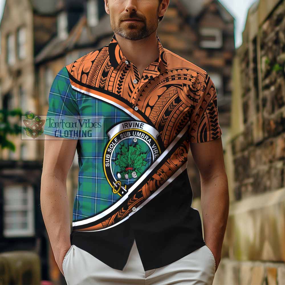 Tartan Vibes Clothing Irvine Crest Tartan Short Sleeve Button Shirt with Maori Tattoo Style - Orange Version