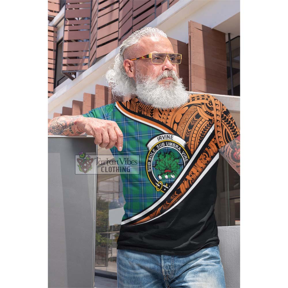 Tartan Vibes Clothing Irvine Crest Tartan Cotton T-shirt with Maori Tattoo Style - Orange Version