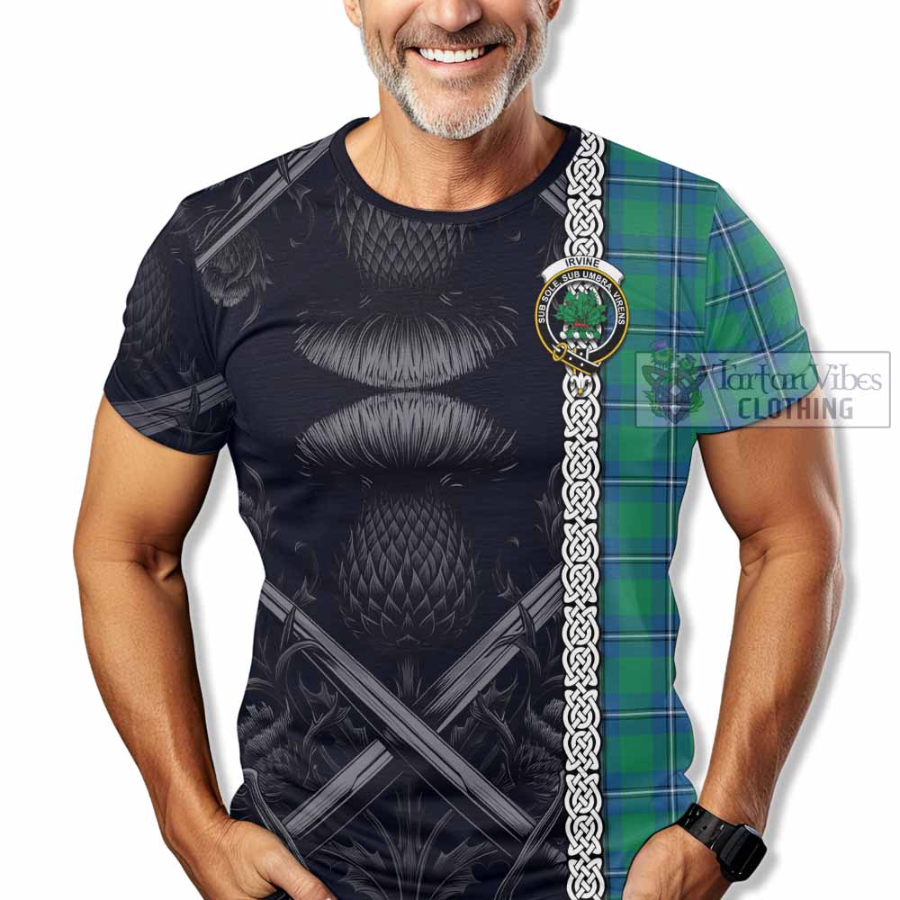 Tartan Vibes Clothing Irvine Tartan T-Shirt with Family Crest Cross Sword Thistle Celtic Vibes