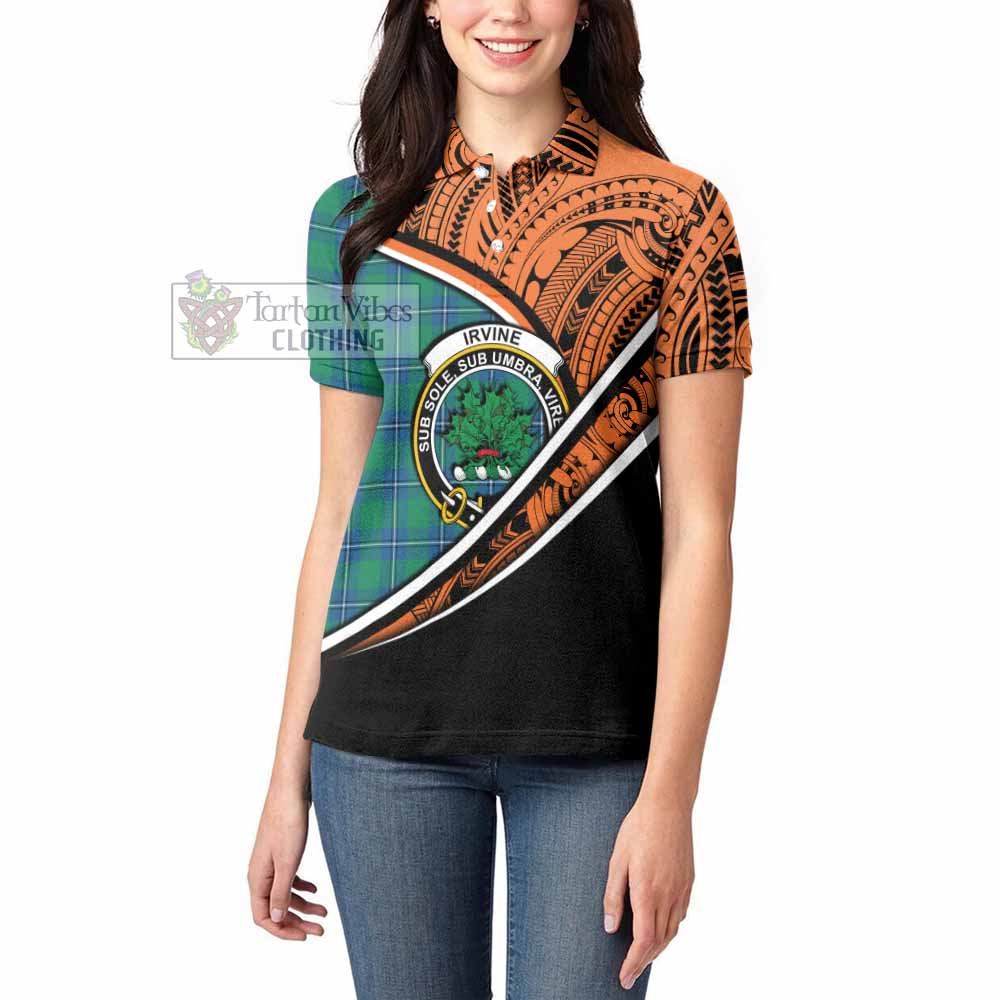 Tartan Vibes Clothing Irvine Crest Tartan Women's Polo Shirt with Maori Tattoo Style - Orange Version