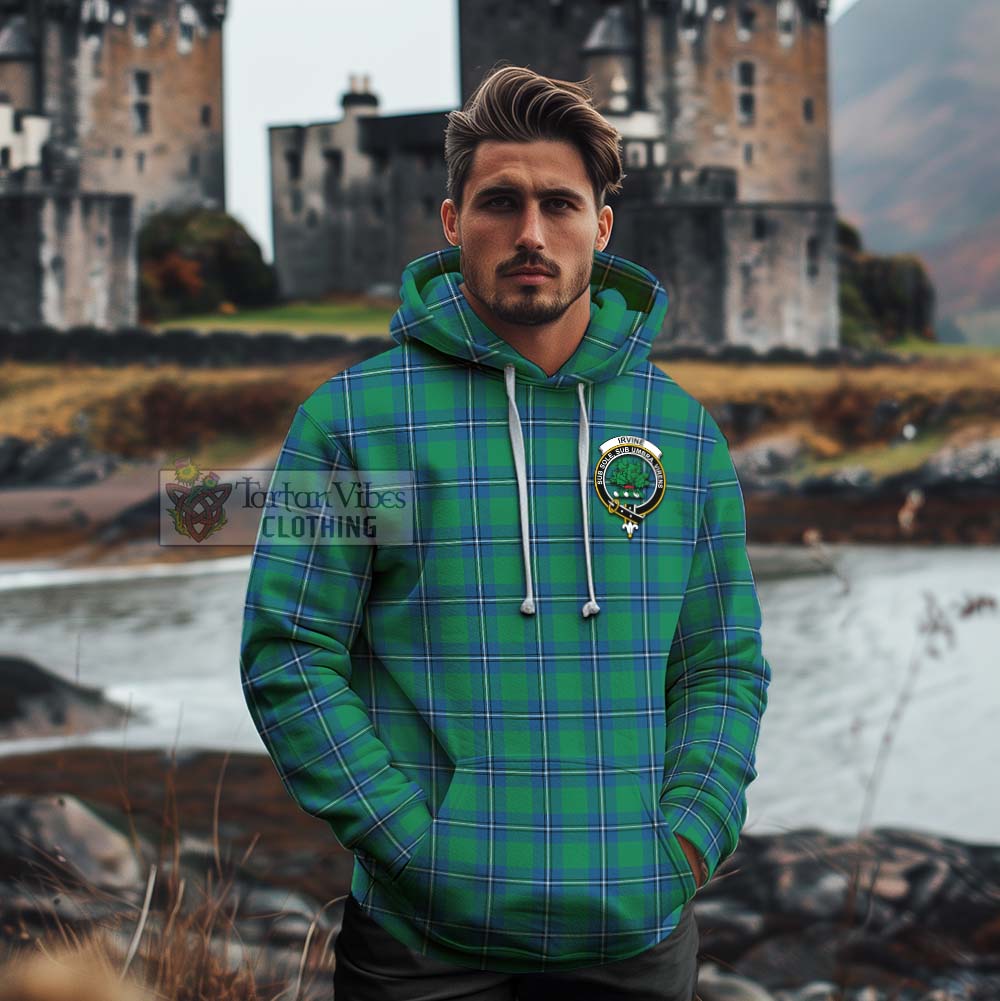 Tartan Vibes Clothing Irvine Tartan Cotton Hoodie with Family Crest and Bearded Skull Holding Bottles of Whiskey