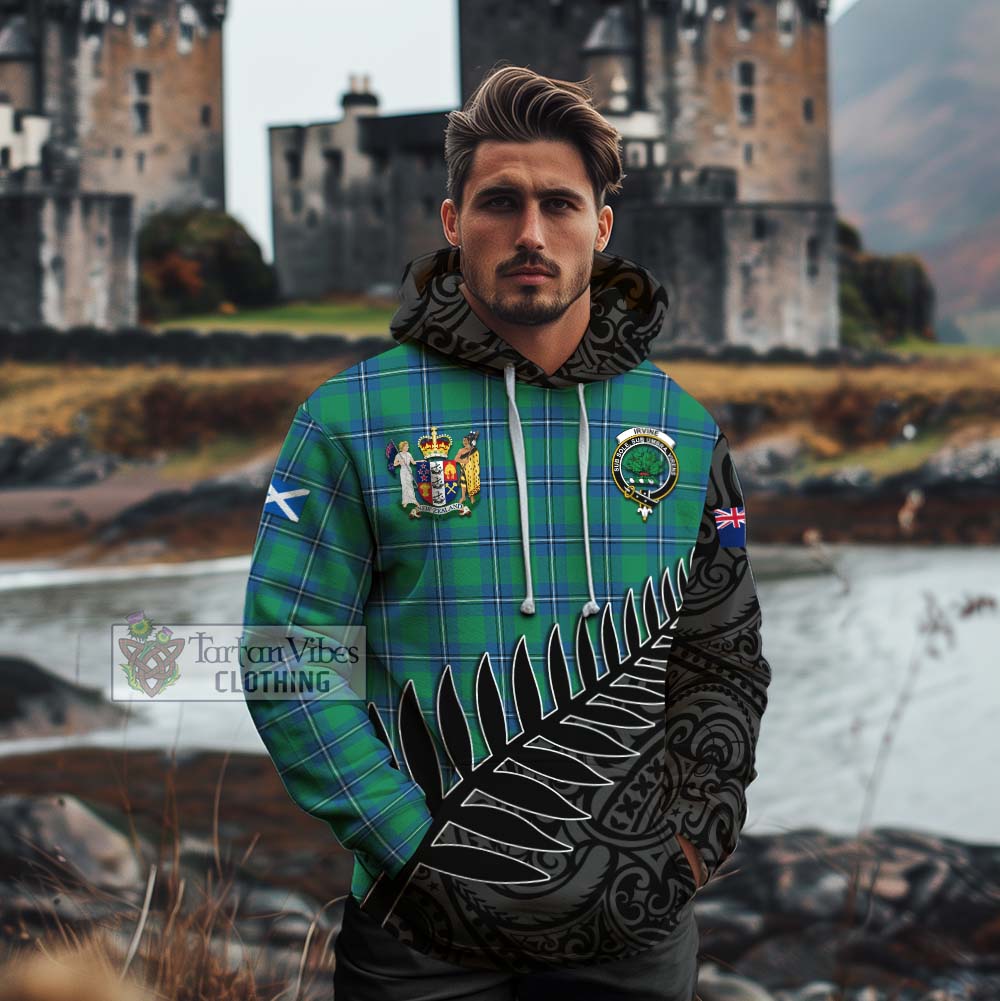 Tartan Vibes Clothing Irvine Crest Tartan Cotton Hoodie with New Zealand Silver Fern Half Style