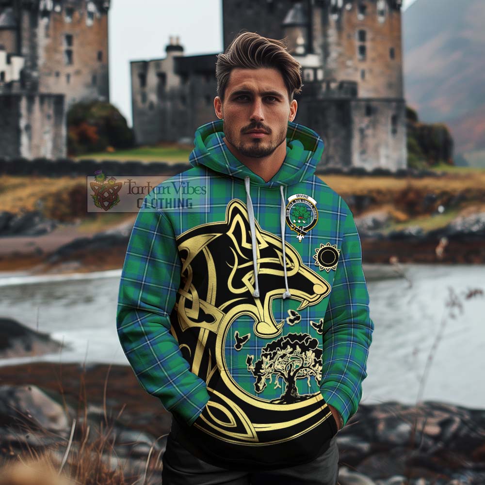 Tartan Vibes Clothing Irvine Tartan Cotton Hoodie with Family Crest Celtic Wolf Style