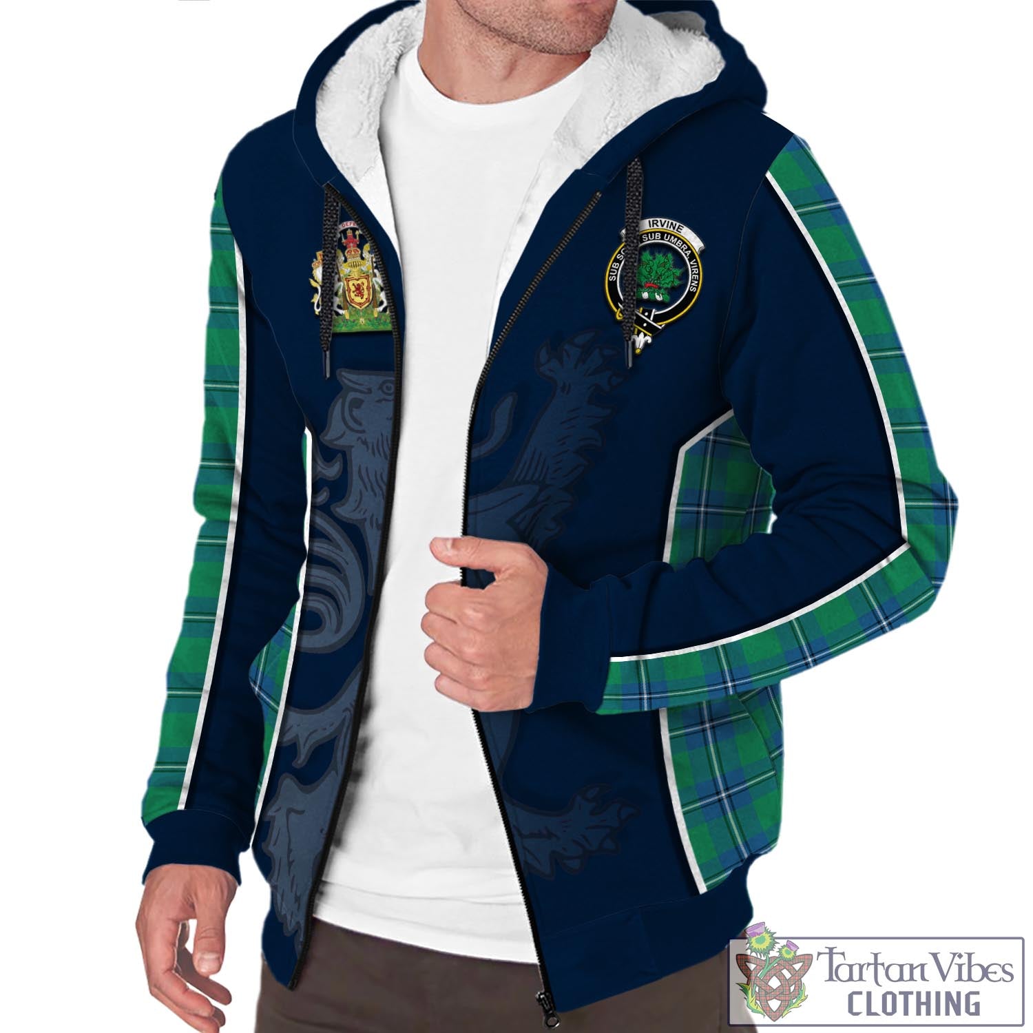 Tartan Vibes Clothing Irvine Ancient Tartan Sherpa Hoodie with Family Crest and Lion Rampant Vibes Sport Style