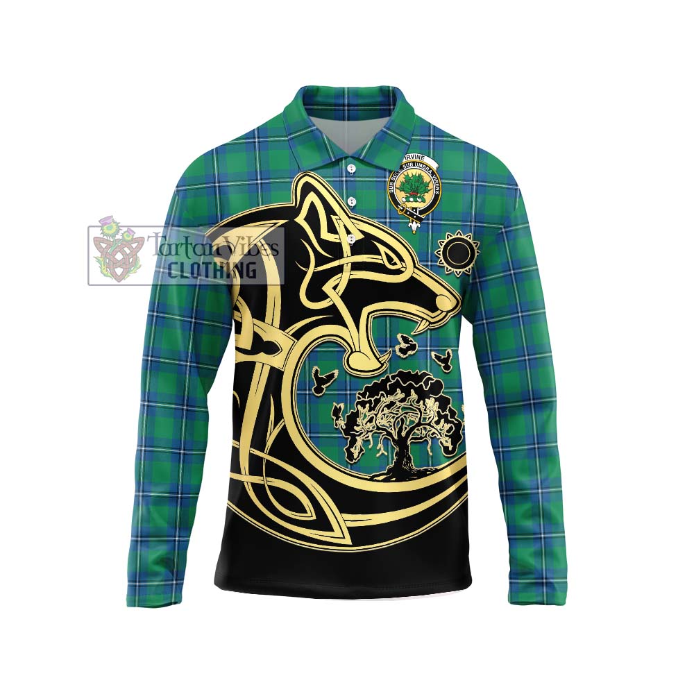 Irvine Tartan Long Sleeve Polo Shirt with Family Crest Celtic Wolf Style Unisex - Tartanvibesclothing Shop