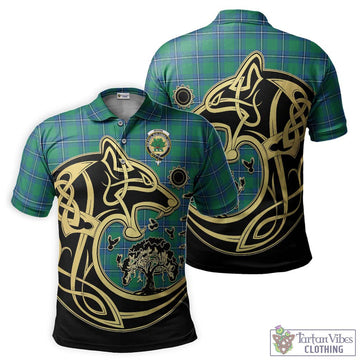 Irvine Tartan Polo Shirt with Family Crest Celtic Wolf Style