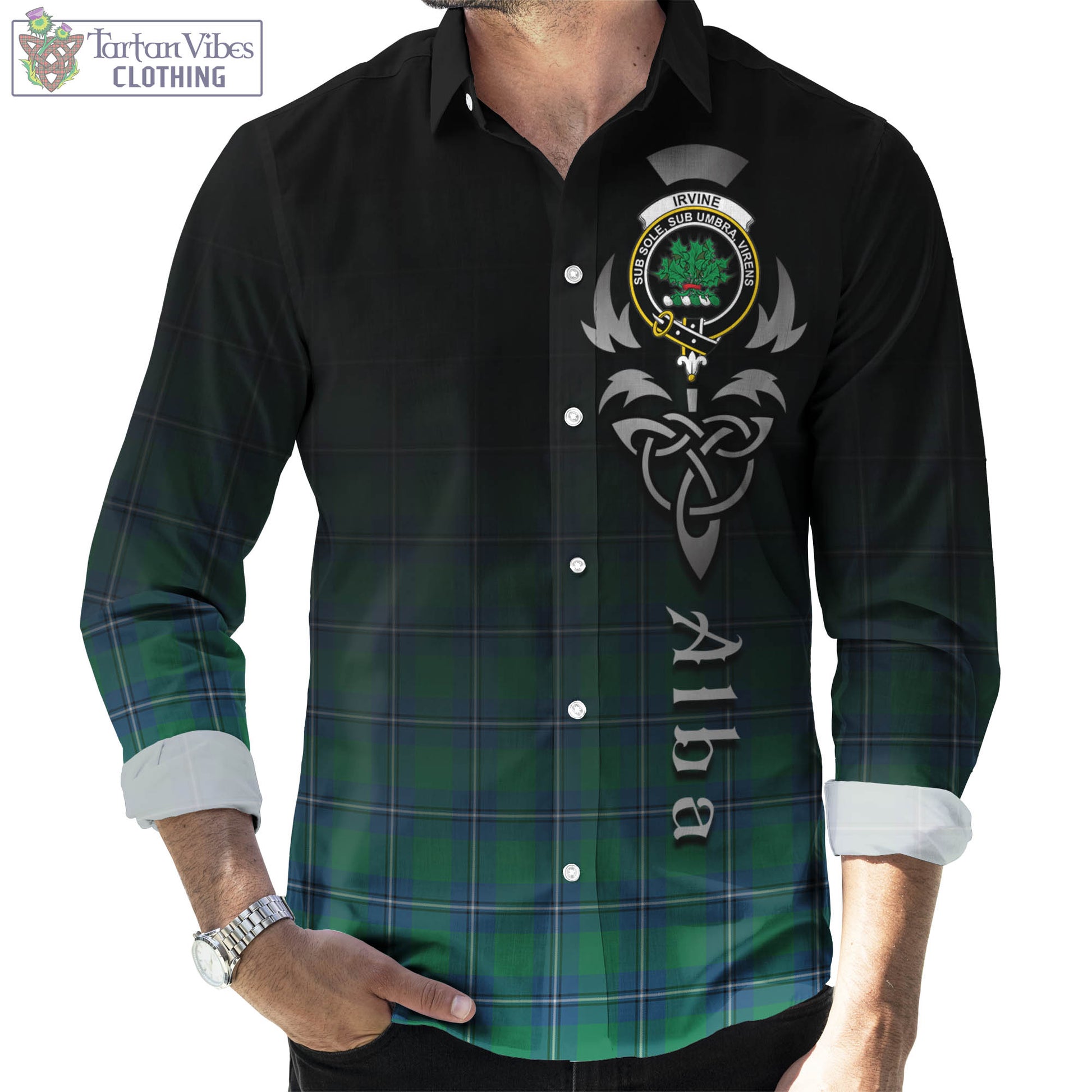 Tartan Vibes Clothing Irvine Ancient Tartan Long Sleeve Button Up Featuring Alba Gu Brath Family Crest Celtic Inspired