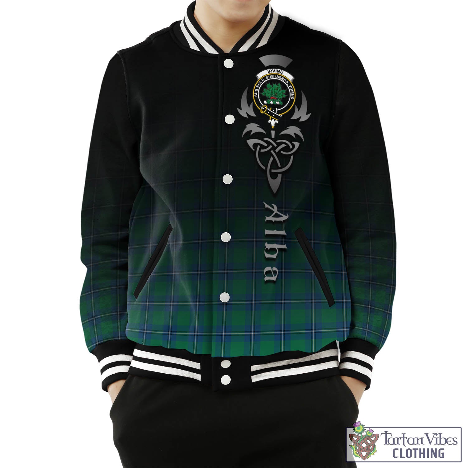 Tartan Vibes Clothing Irvine Ancient Tartan Baseball Jacket Featuring Alba Gu Brath Family Crest Celtic Inspired