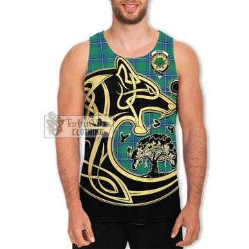 Irvine Tartan Men's Tank Top with Family Crest Celtic Wolf Style