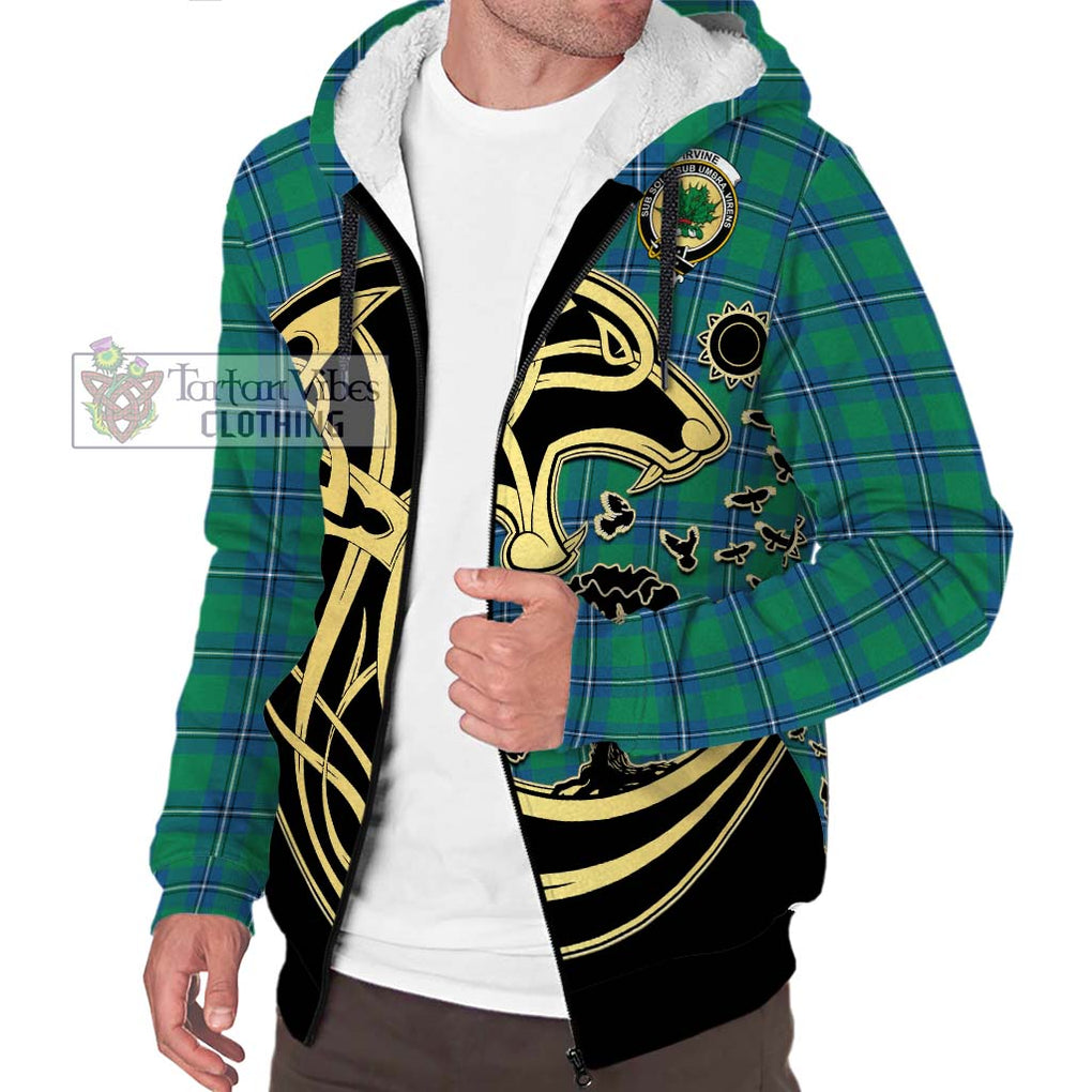 Irvine Tartan Sherpa Hoodie with Family Crest Celtic Wolf Style Unisex S - Tartan Vibes Clothing