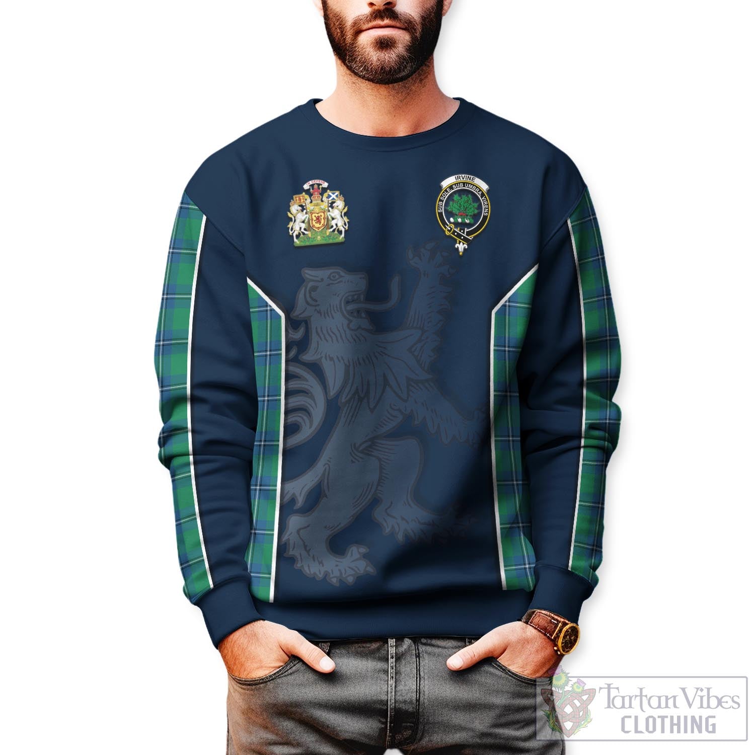 Tartan Vibes Clothing Irvine Ancient Tartan Sweater with Family Crest and Lion Rampant Vibes Sport Style