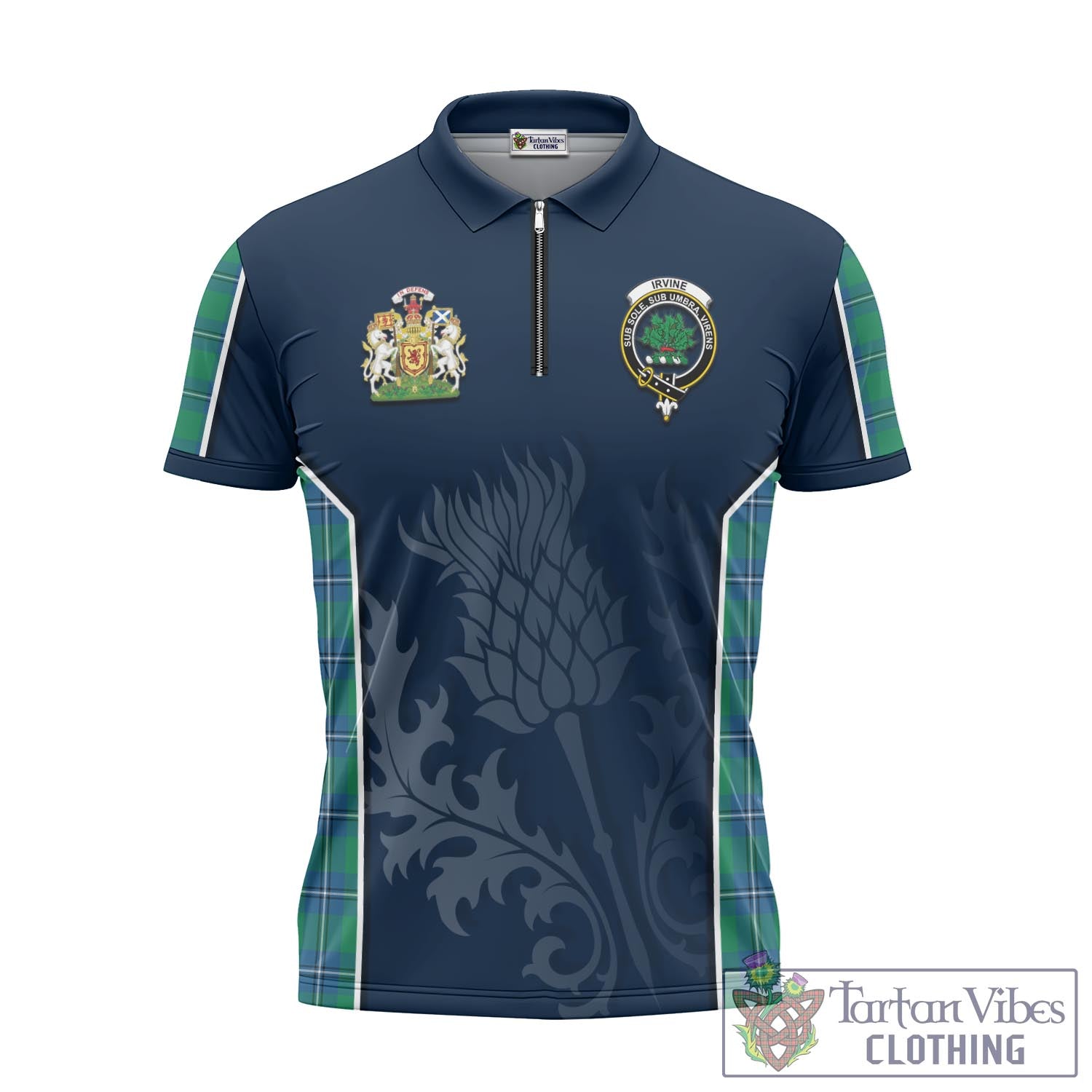 Tartan Vibes Clothing Irvine Ancient Tartan Zipper Polo Shirt with Family Crest and Scottish Thistle Vibes Sport Style