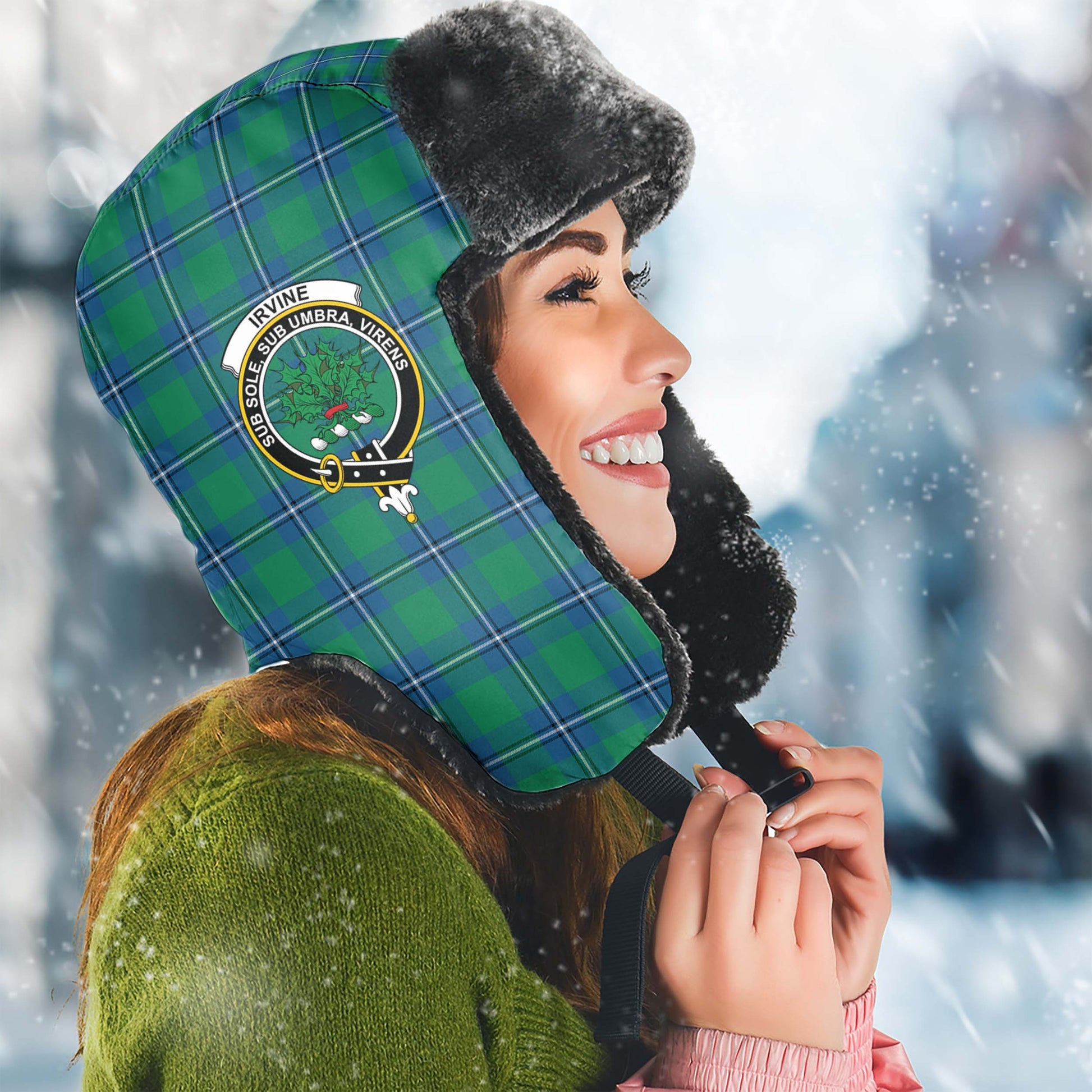 Irvine Ancient Tartan Winter Trapper Hat with Family Crest Winter Trapper Hat Universal Fit Circumference 22.8in (58cm) - Tartanvibesclothing