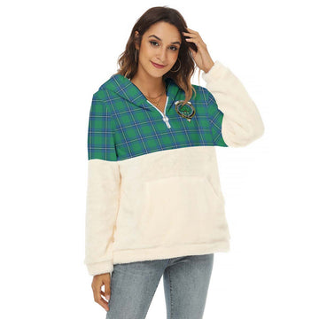 Irvine Tartan Women's Borg Fleece Hoodie With Half Zip with Family Crest