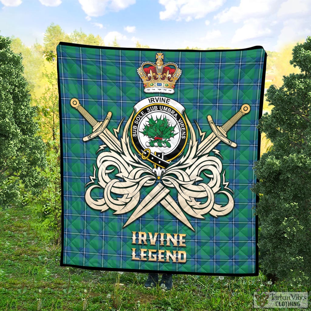 Tartan Vibes Clothing Irvine Ancient Tartan Quilt with Clan Crest and the Golden Sword of Courageous Legacy