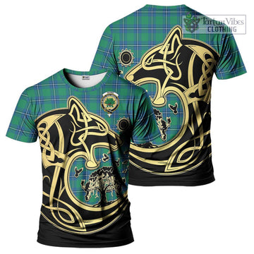 Irvine Tartan T-Shirt with Family Crest Celtic Wolf Style