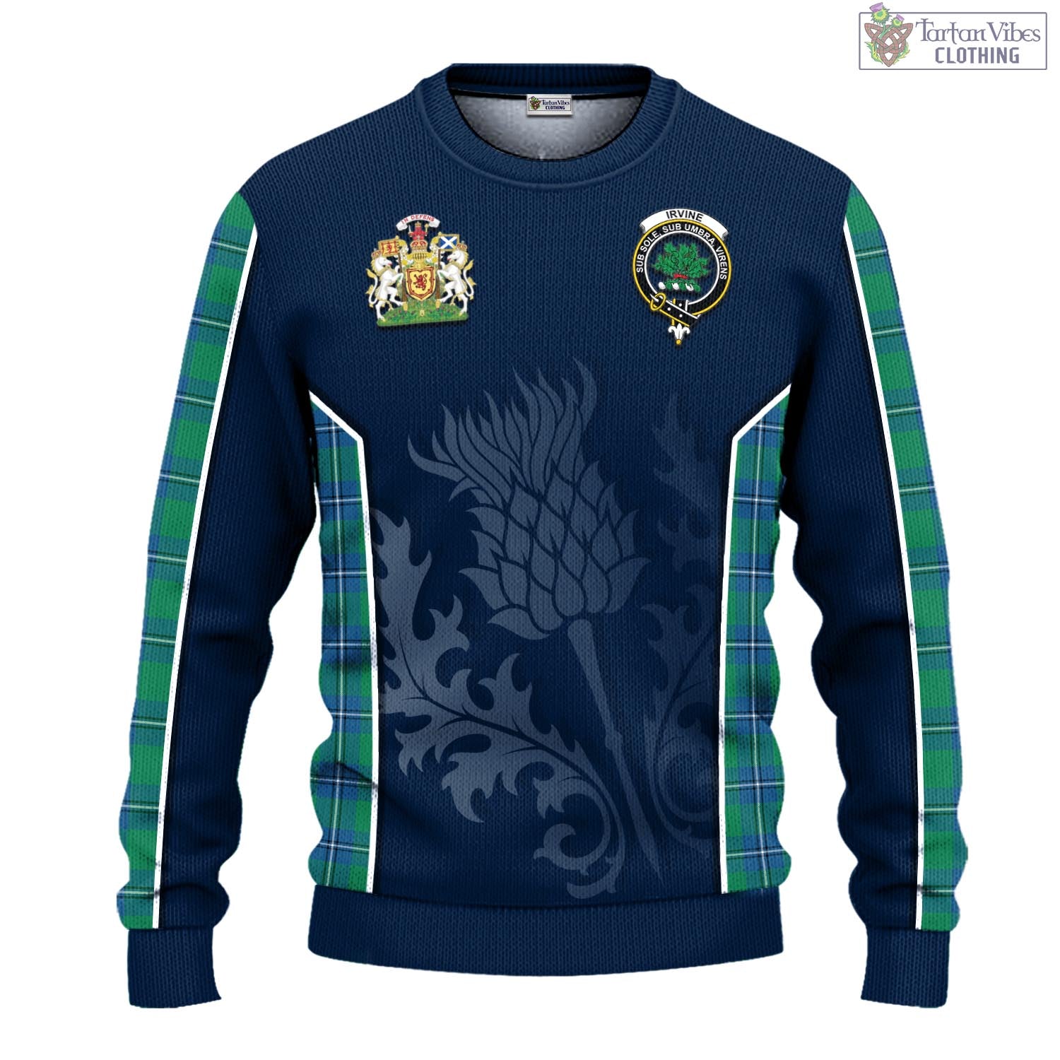 Tartan Vibes Clothing Irvine Ancient Tartan Knitted Sweatshirt with Family Crest and Scottish Thistle Vibes Sport Style