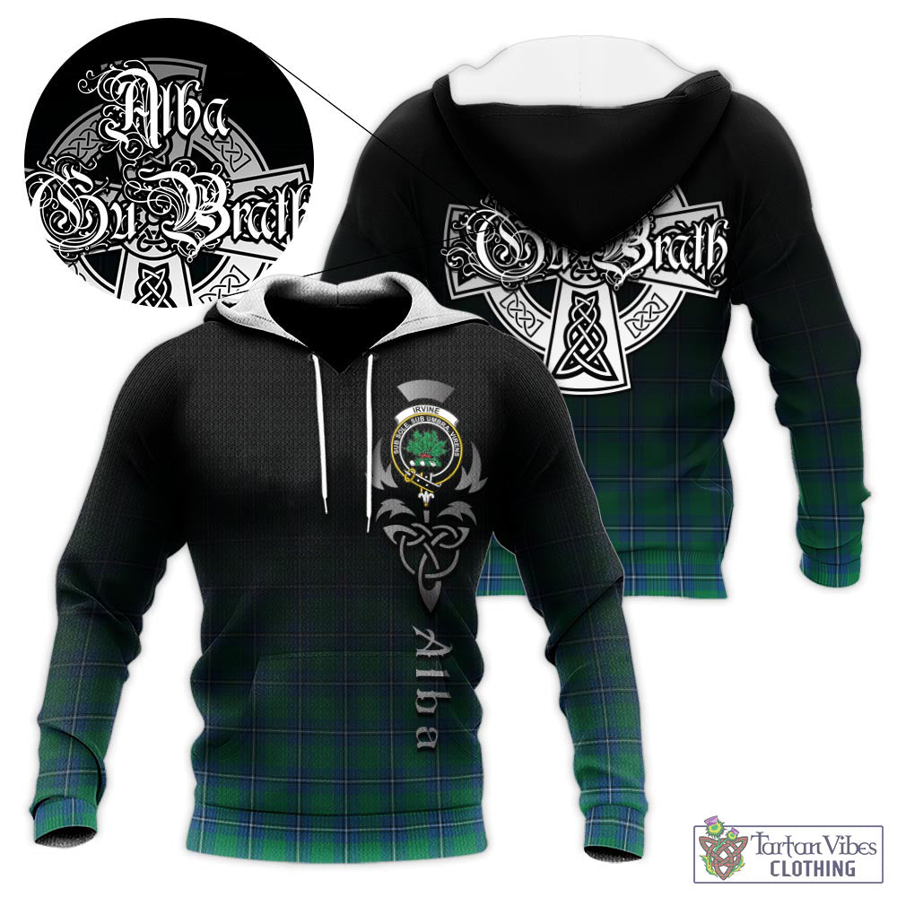 Tartan Vibes Clothing Irvine Ancient Tartan Knitted Hoodie Featuring Alba Gu Brath Family Crest Celtic Inspired