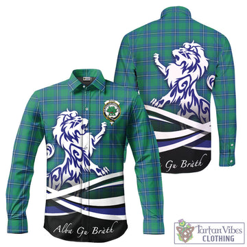 Irvine Tartan Long Sleeve Button Up Shirt with Alba Gu Brath Regal Lion Emblem