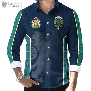 Irvine Tartan Long Sleeve Button Up Shirt with Family Crest and Lion Rampant Vibes Sport Style