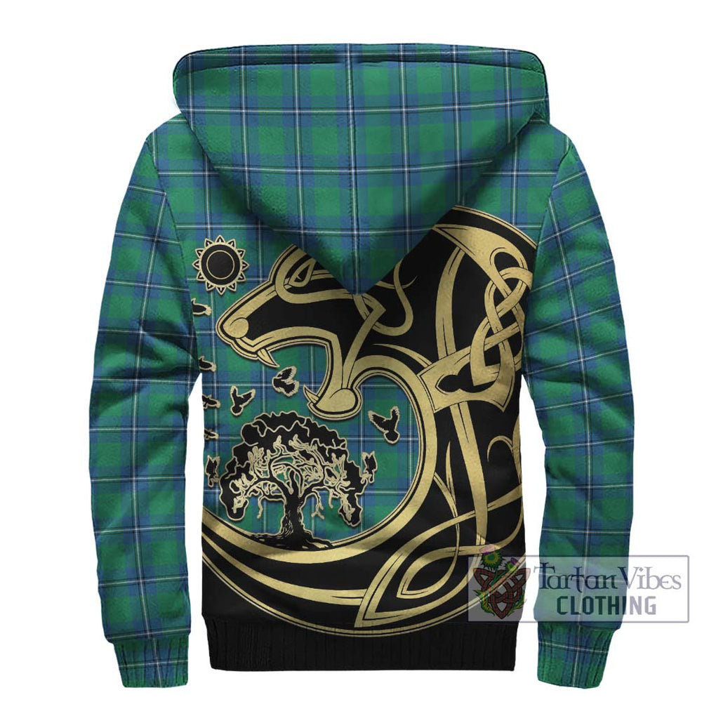 Irvine Tartan Sherpa Hoodie with Family Crest Celtic Wolf Style - Tartan Vibes Clothing