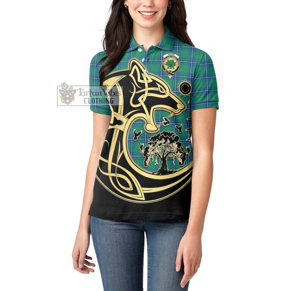 Irvine Tartan Women's Polo Shirt with Family Crest Celtic Wolf Style - Tartanvibesclothing Shop