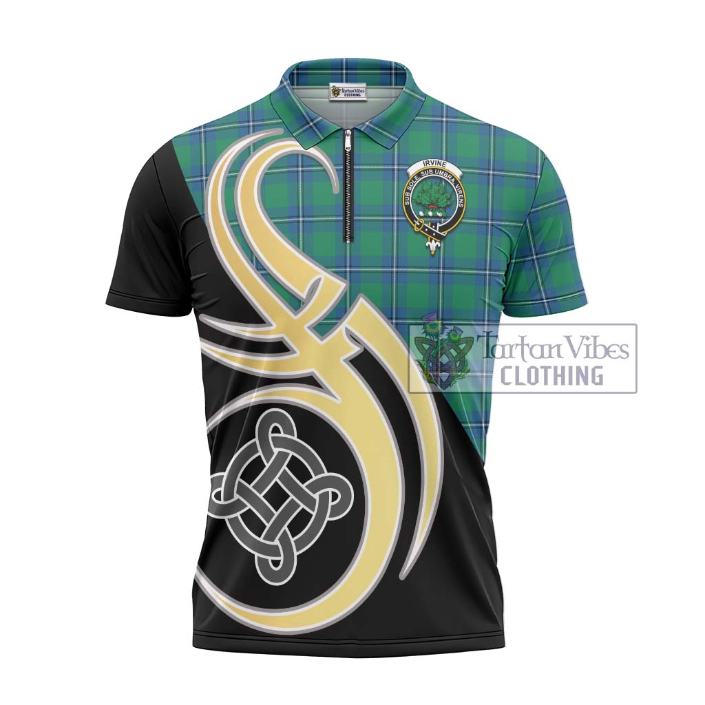 Tartan Vibes Clothing Irvine Ancient Tartan Zipper Polo Shirt with Family Crest and Celtic Symbol Style