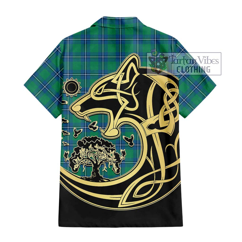 Irvine Tartan Short Sleeve Button Shirt with Family Crest Celtic Wolf Style - Tartan Vibes Clothing