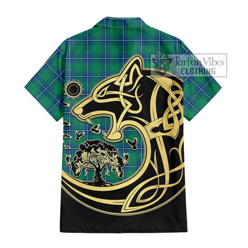 Irvine Tartan Short Sleeve Button Shirt with Family Crest Celtic Wolf Style