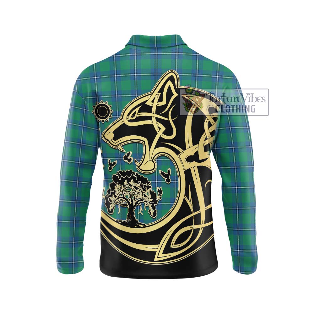 Irvine Tartan Long Sleeve Polo Shirt with Family Crest Celtic Wolf Style - Tartanvibesclothing Shop