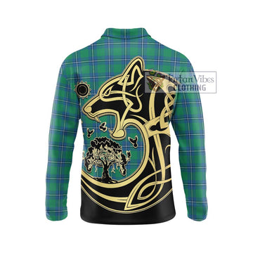 Irvine Tartan Long Sleeve Polo Shirt with Family Crest Celtic Wolf Style