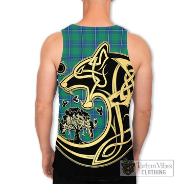 Irvine Tartan Men's Tank Top with Family Crest Celtic Wolf Style