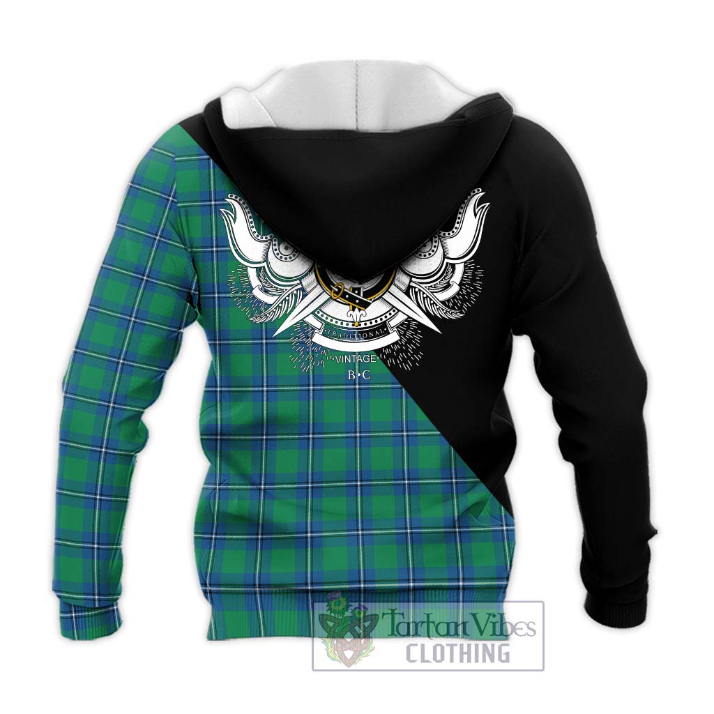 Tartan Vibes Clothing Irvine Ancient Tartan Knitted Hoodie with Family Crest and Military Logo Style