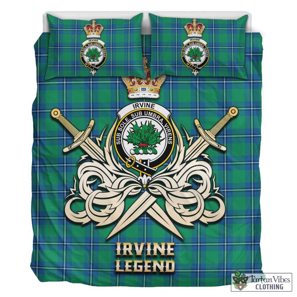 Tartan Vibes Clothing Irvine Ancient Tartan Bedding Set with Clan Crest and the Golden Sword of Courageous Legacy