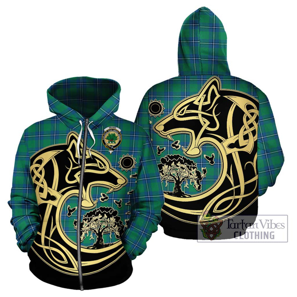 Irvine Tartan Hoodie with Family Crest Celtic Wolf Style - Tartan Vibes Clothing