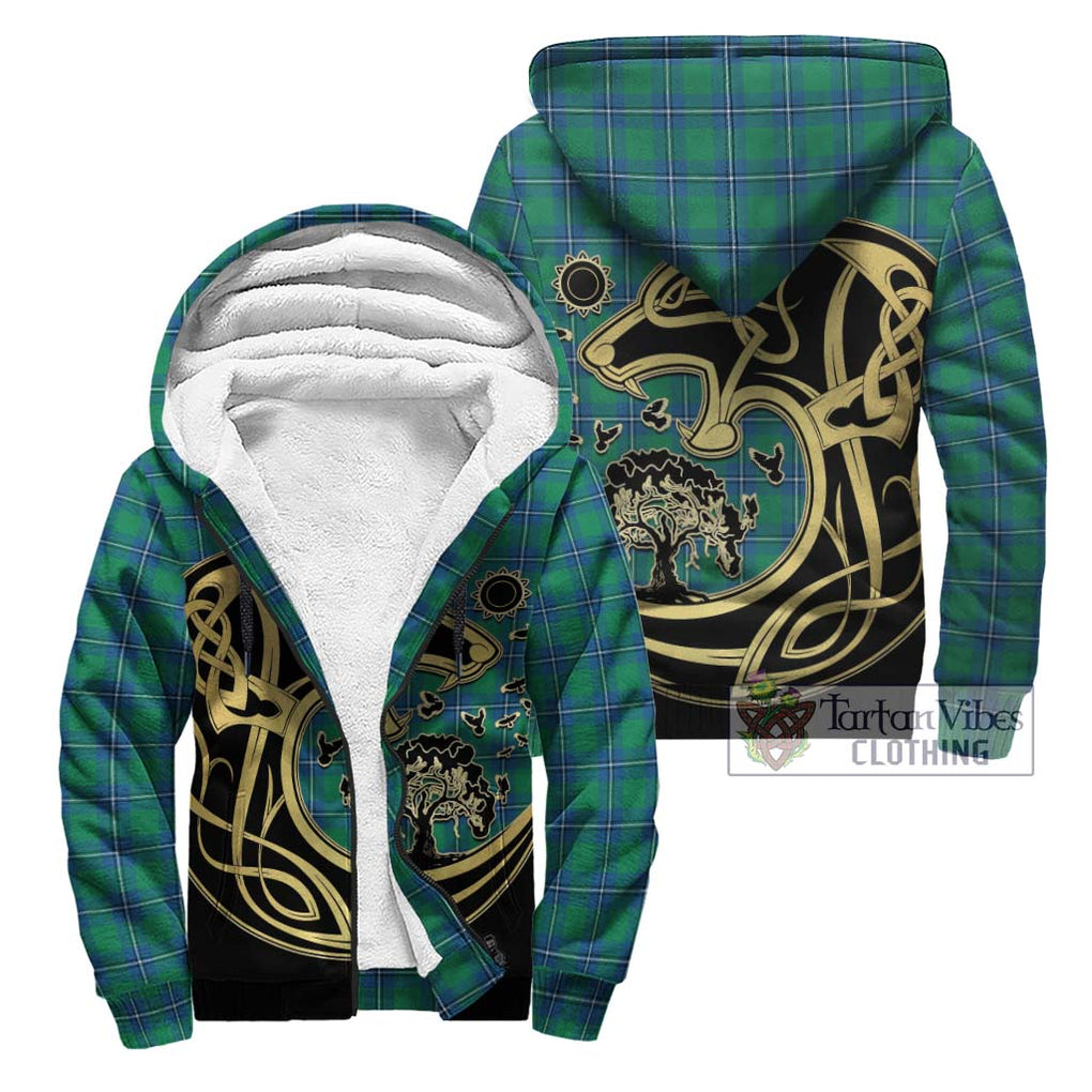 Irvine Tartan Sherpa Hoodie with Family Crest Celtic Wolf Style Unisex - Tartan Vibes Clothing