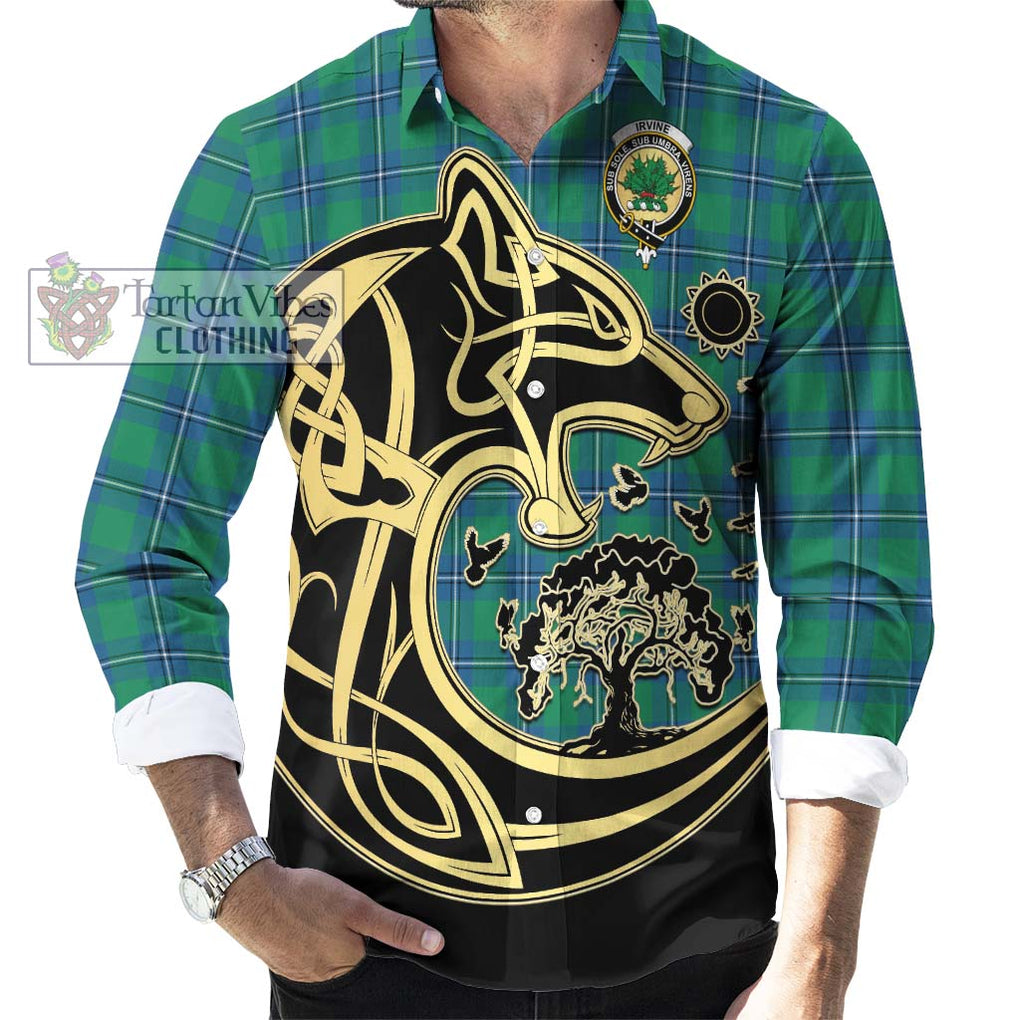 Irvine Tartan Long Sleeve Button Shirt with Family Crest Celtic Wolf Style - Tartan Vibes Clothing