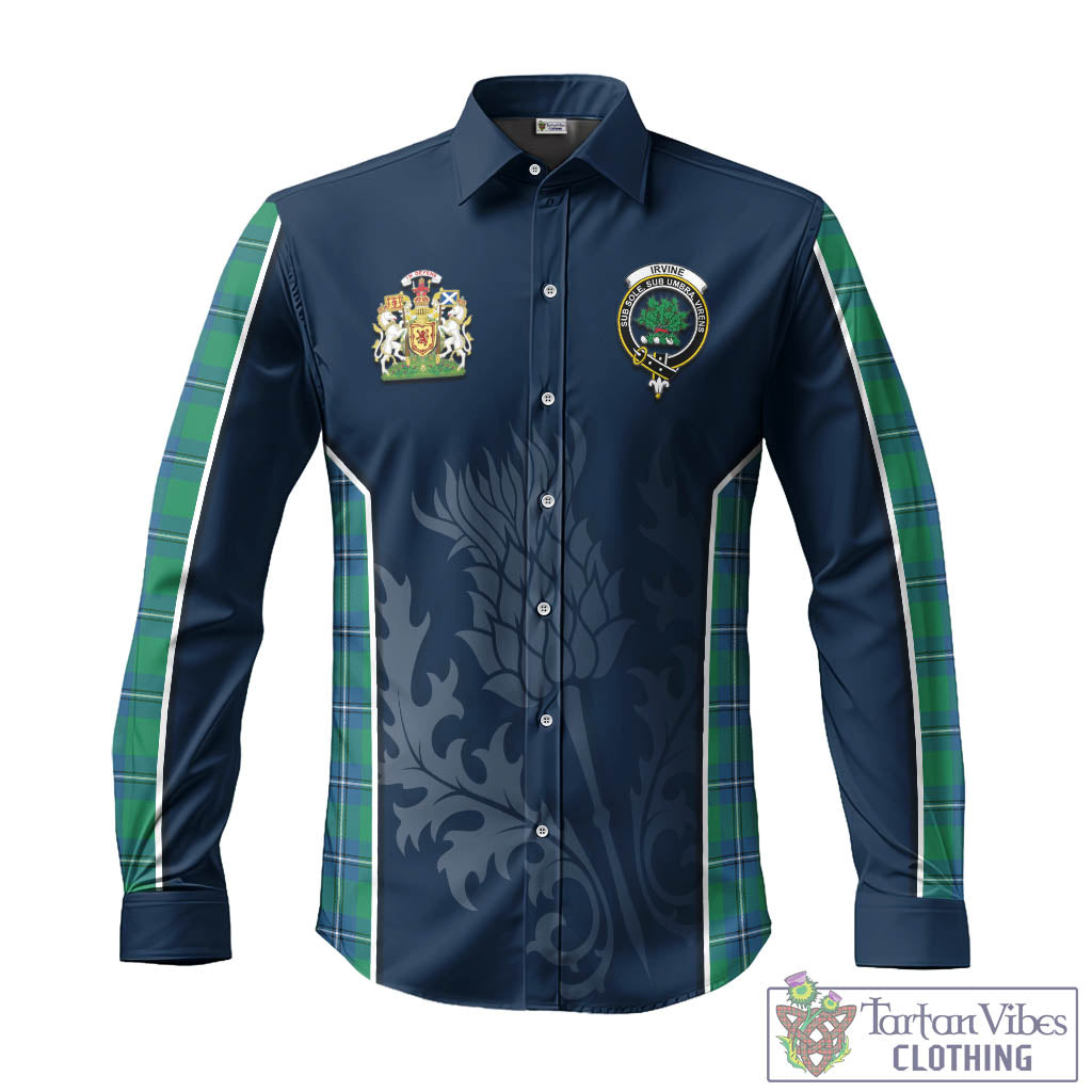 Tartan Vibes Clothing Irvine Ancient Tartan Long Sleeve Button Up Shirt with Family Crest and Scottish Thistle Vibes Sport Style