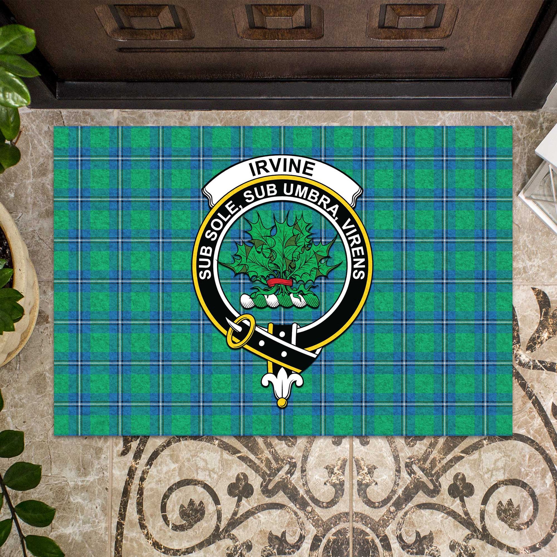 Irvine Ancient Tartan Door Mat with Family Crest - Tartanvibesclothing