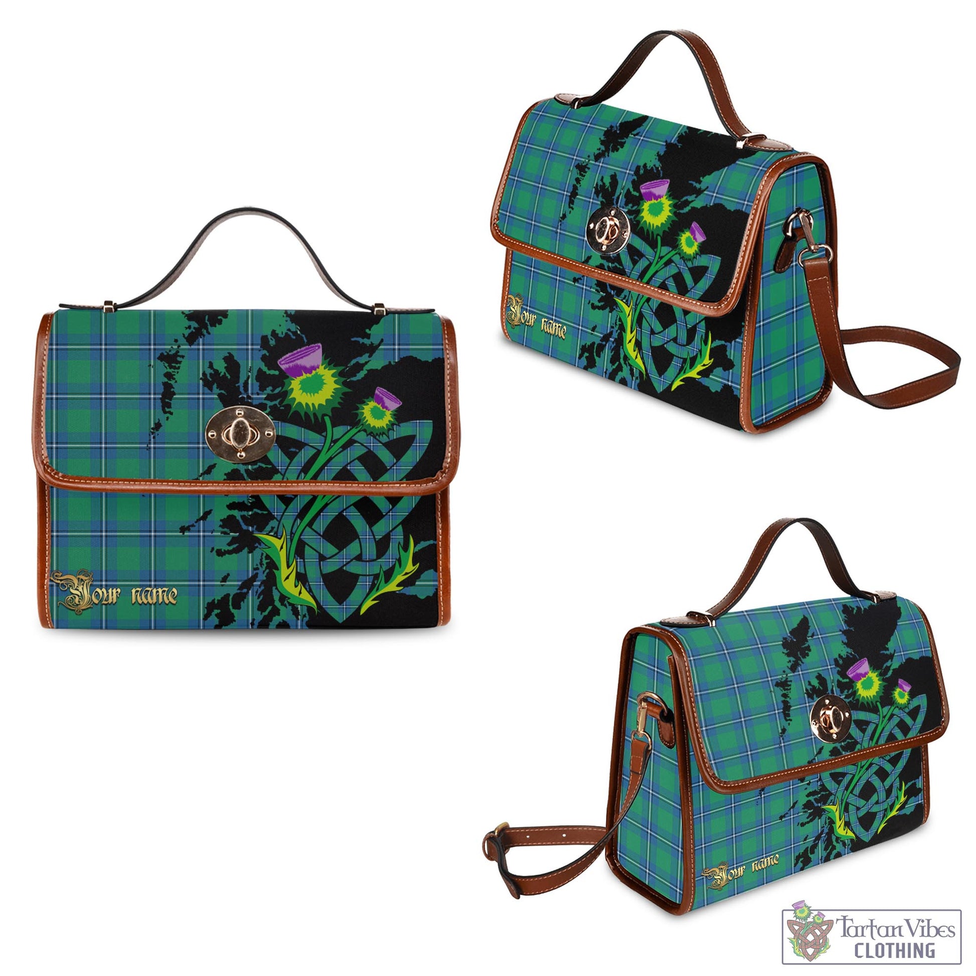 Tartan Vibes Clothing Irvine Ancient Tartan Waterproof Canvas Bag with Scotland Map and Thistle Celtic Accents