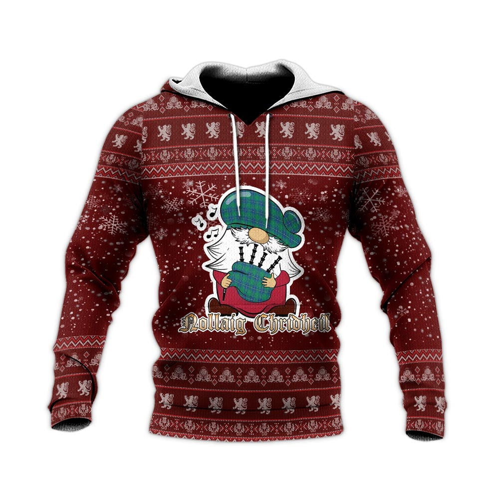 Irvine Ancient Clan Christmas Knitted Hoodie with Funny Gnome Playing Bagpipes - Tartanvibesclothing