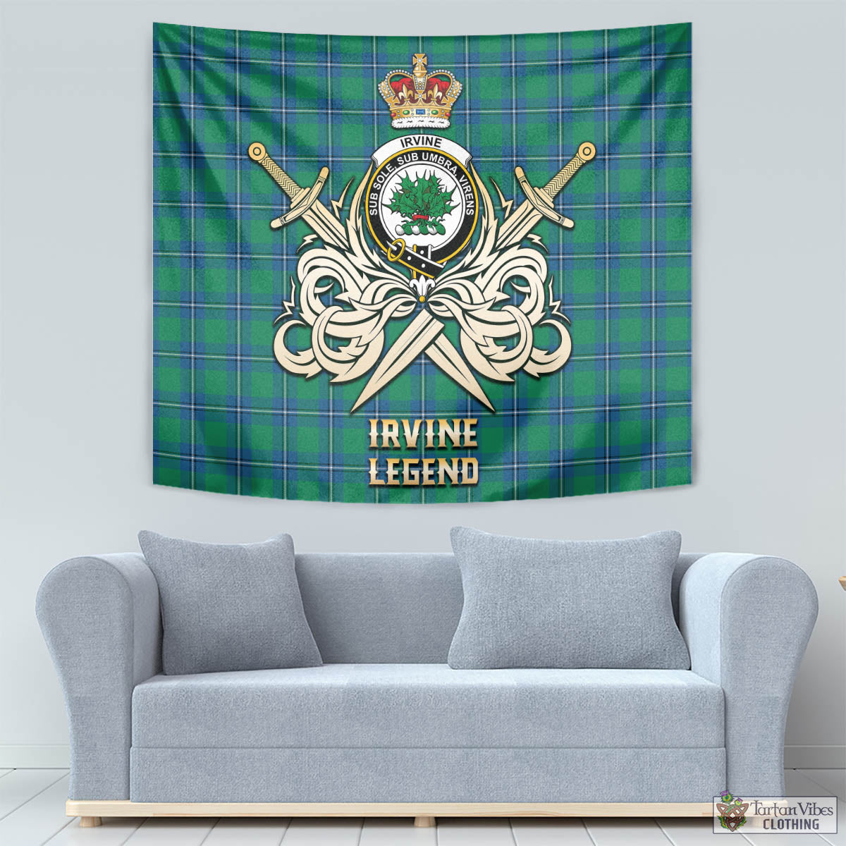 Tartan Vibes Clothing Irvine Ancient Tartan Tapestry with Clan Crest and the Golden Sword of Courageous Legacy